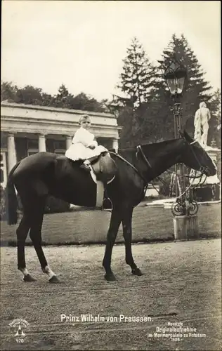 Ak Prinz Wilhelm von Preußen zu Pferde, Marmorpalais Potsdam, 1908