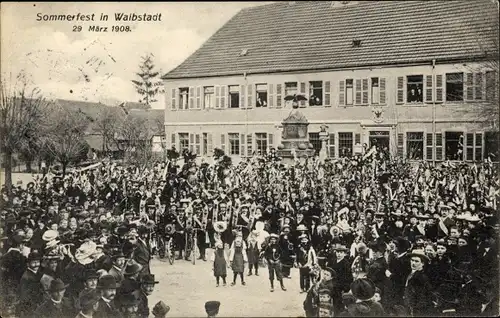 Ak Waibstadt in Baden, Sommerfest 29. März 1908, Festgesellschaft, Denkmal