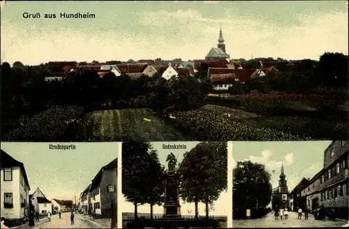 Ak Hundheim Külsheim in Baden, Gesamtansicht, Kirche, Gedenkstein, Straßenpartie