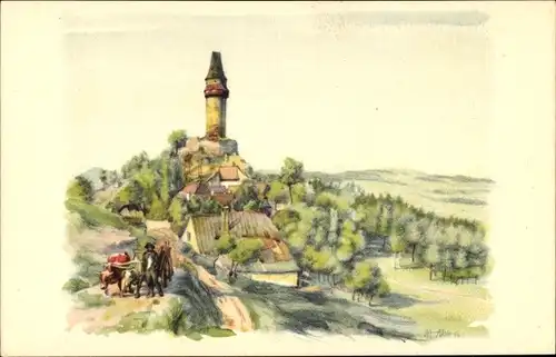 Künstler Ak Alexe, A. J.,Štramberk Stramberg Mährisch Schlesien, Burg Štramberk, Strahlenberg