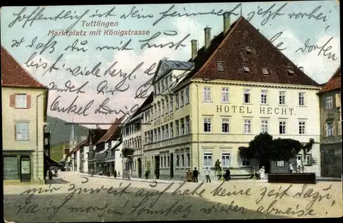 Ak Tuttlingen an der Donau Württemberg, Marktplatz mit Königstraße, Hotel Hecht