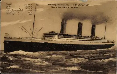 Ak Dampfschiff Vaterland, HAPAG