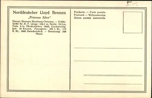 Ak Norddeutscher Lloyd Bremen, Dampfer Princess Alice