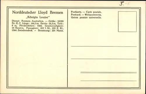 Ak Doppelschrauben-Salondampfer Königin Louise, Norddeutscher Lloyd