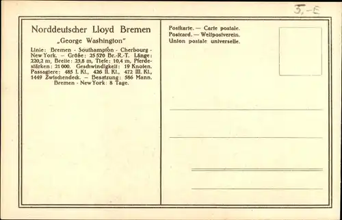 Ak Dampfschiff George Washington, Norddeutscher Lloyd Bremen, Doppelschrauben-Salondampfer