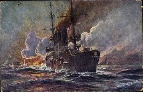 Künstler Ak Stöwer, Willy, SMS Emden beschießt Madras, Kreuzer, Kaiserliche Marine, I. WK