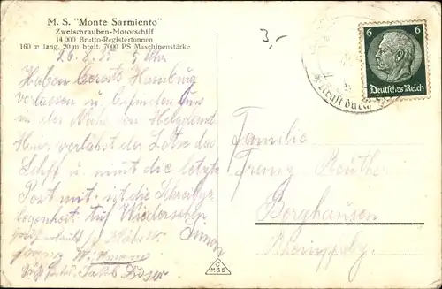 Ak Doppelschrauben Motorschiff MS Monte Sarmiento, HSDG, Nachtbeleuchtung