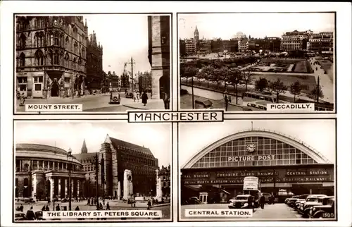 Ak Manchester England, Mount Street, Piccadilly, Bibliothek, Hauptbahnhof