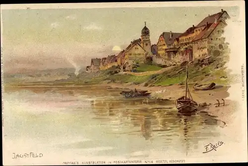 Künstler Litho Reiss, Fritz, Jagstfeld Bad Friedrichshall in Baden Württemberg, Uferpartie am Fluss