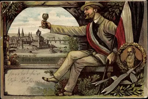 Litho Koblenz am Rhein, Kaiser-Wilhelm-Denkmal, Weintrinker, Fahne