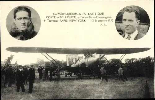 Ak Les Vainqueurs de l'Atlantique Coste et Bellonte, 1er Traversee Paris New York 1930