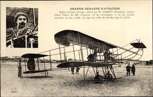 Ak Grande Semaine d'Aviation, Biplan Poulain Orange, pilote par Francois Parent, Flugpionier