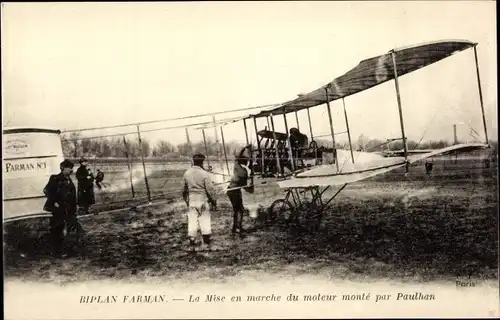 Ak Biplan Farman, La mise en marche du moteur monte par Paulhan