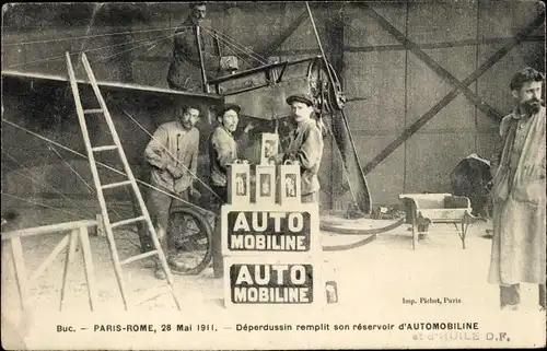 Ak Paris-Rome, 1911, Depardussin remplit son reservoir d'Automobiline, Reklame