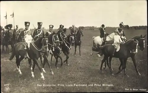Ak Kronprinz Wilhelm von Preußen, Louis Ferdinand, Wilhelm, Pferde, Husarenuniform