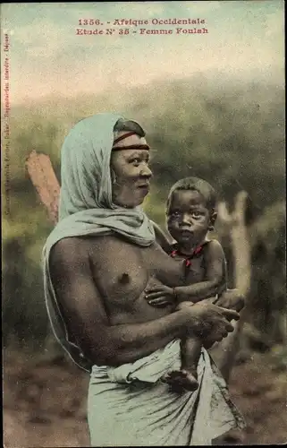 Ak Afrique Occidentale, Femme Foulah, Mutter mit Kind, Barbusig