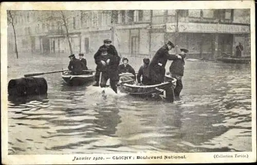 Ak Clichy Hauts de Seine, Boulevard National, Crue 1910