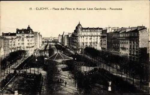 Ak Clichy Hauts de Seine, Place des Fêtes et Avenue Léon Gambetta, vue générale