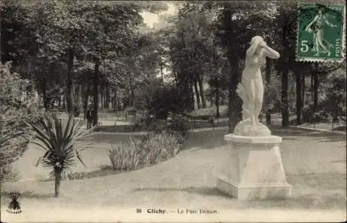 Ak Clichy Hauts de Seine, Le Parc Denain, Statue d'une femme