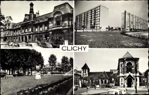 Ak Clichy Hauts de Seine, La Mairie, les immeubles hautes, Le Square, L'Église