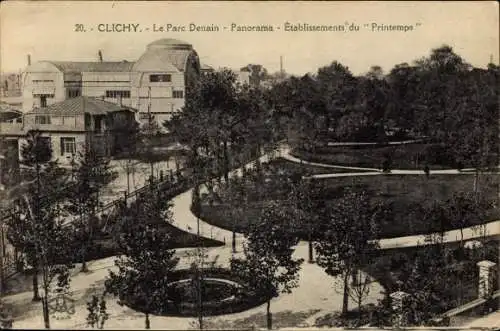 Ak Clichy Hauts de Seine, Le Parc Denain, Panorama, Établissement du Printemps, vu d'en haut
