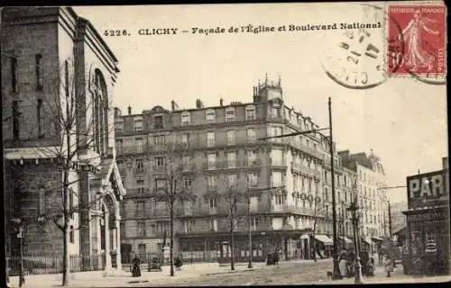 Ak Clichy Hauts de Seine, Facade de l'Eglise et Boulevard National