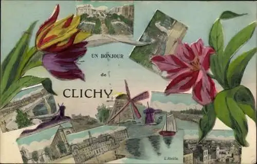Ak Clichy Hauts de Seine, Ortansichten, Blumen, Windmühle, Segelboot