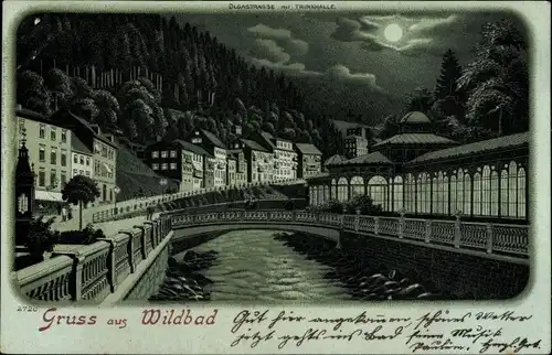 Mondschein Litho Bad Wildbad im Schwarzwald, Olgastraße, Trinkhalle
