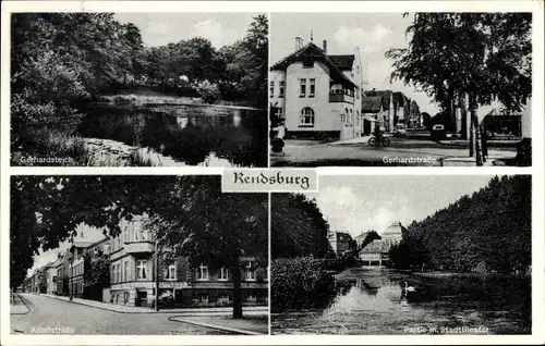 Ak Rendsburg in Schleswig Holstein, Gerhardsteich, Gerhardstraße, Adolfstraße, Stadttheater