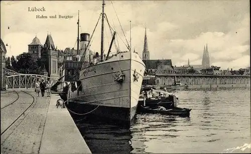 Ak Hansestadt Lübeck, Hafen, Burgtor, Schiff