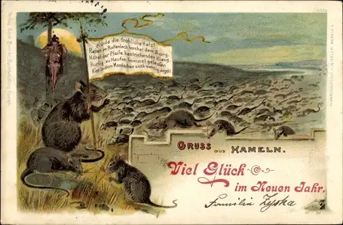 Litho Hameln an der Weser Niedersachsen, Rattenfänger, Ratten, Neujahr