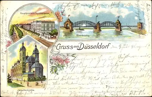 Litho Düsseldorf am Rhein, Hauptpostamt Haroldstraße, Jesuitenkirche, Rheinbrücke