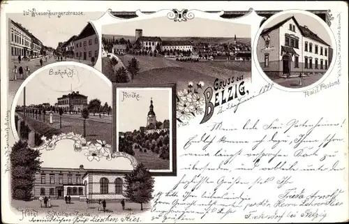 Litho Bad Belzig in Brandenburg, Postamt, Totalansicht, Bahnhof, Kirche, Hotel, Wiesenburger Straße