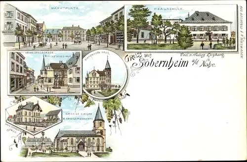 Litho Bad Sobernheim an der Nahe, Realschule, Marktplatz, Kirche, Kriegerdenkmal