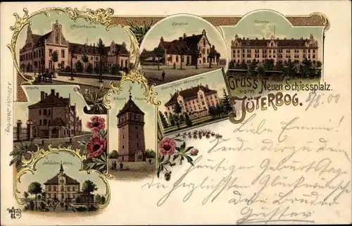 Litho Jüterbog in Brandenburg, Neuer Schießplatz, Wasserturm, Kantine, Kaserne, Wache, Soldatenheim