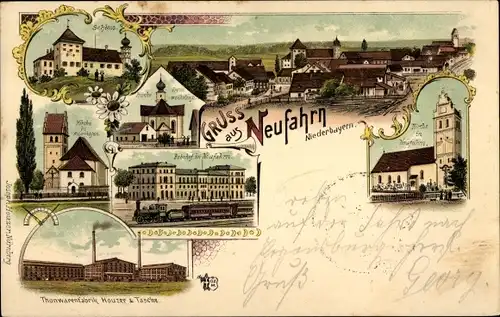 Litho Neufahrn in Niederbayern, Schloss, Kirchen, Thonwarenfabrik, Bahnhof, Ort