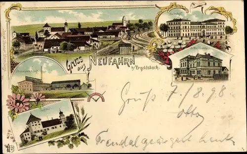 Litho Neufahrn in Niederbayern, Schulhaus, Bahnhof, Schloss, Totalansicht