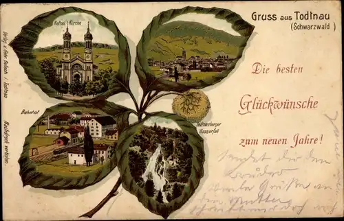 Kleeblatt Litho Todtnau im Schwarzwald, Glückwunsch Neujahr, Kirche, Bahnhof, Wasserfall