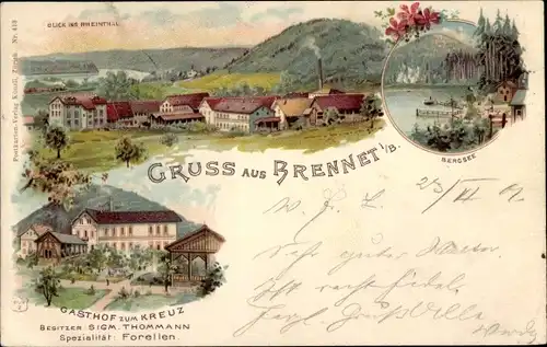 Litho Brennet Wehr in Baden, Gasthof zum Kreuz, Bergsee, Blick auf den Ort