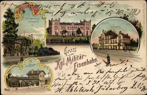 Litho Jüterbog in Brandenburg, Bahnhof, Gleisseite, Kgl. Militär-Eisenbahn