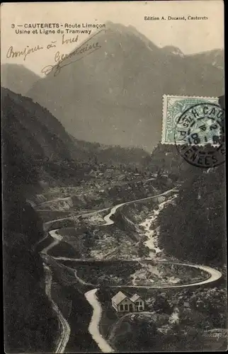 Ak Cauterets Hautes Pyrénées, Route Limacon, Usine, Ligne du Tramway