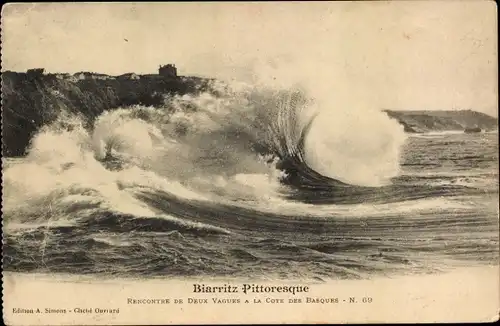 Ak Biarritz Pyrénées Atlantiques, Treffen zweier Wellen an der Côte des Basques