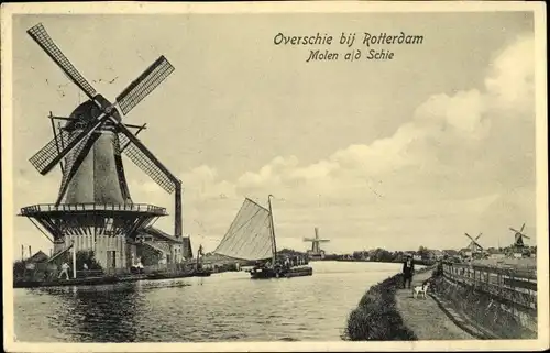 Ak Overschie Rotterdam Südholland Niederlande, Windmühlen am Wasser, Boot