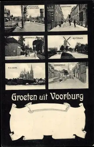 Ak Voorburg Südholland, Kirche, Windmühle, Achterweg, Kirchenstraße, Dorfstraße