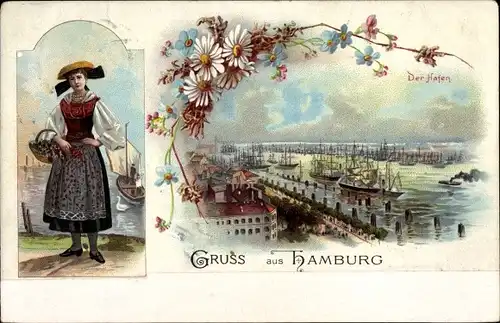 Litho Hamburg Mitte Altstadt, Hafen, Frau in Tracht