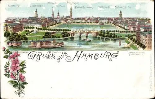 Litho Hamburg, Stadtpanorama, Kirchen, Rathaus