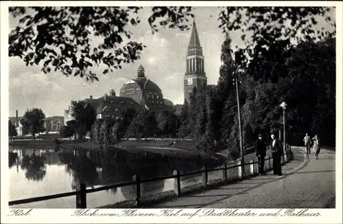 Ak Kiel, Blick vom Kleinen Kiel auf Stadttheater und Rathaus