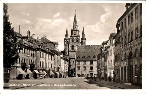 Ak Ansbach in Mittelfranken Bayern, Markt mit Stadthaus und Gumbertuskirche