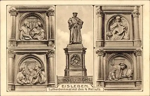 Ak Lutherstadt Eisleben, Lutherdenkmal mit den 4 Reliefs