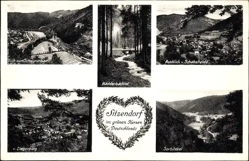 Ak Sitzendorf in Thüringen, Schwimmbad, Blick vom Ziegenbarg, Hädderbachtal, Sorbitztal